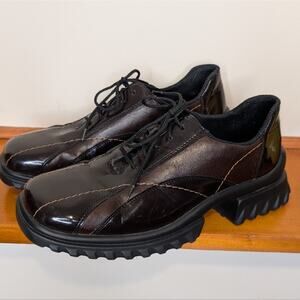 Reiker Antistress Judith Brown Black Patent Lug Sole Loafer Laceup Size 38, 7.5